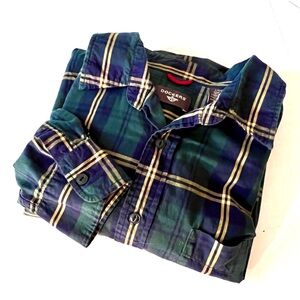 Dockers Men’s Plaid Striped Shirt with Green Tan and Navy Sz Large Button Up